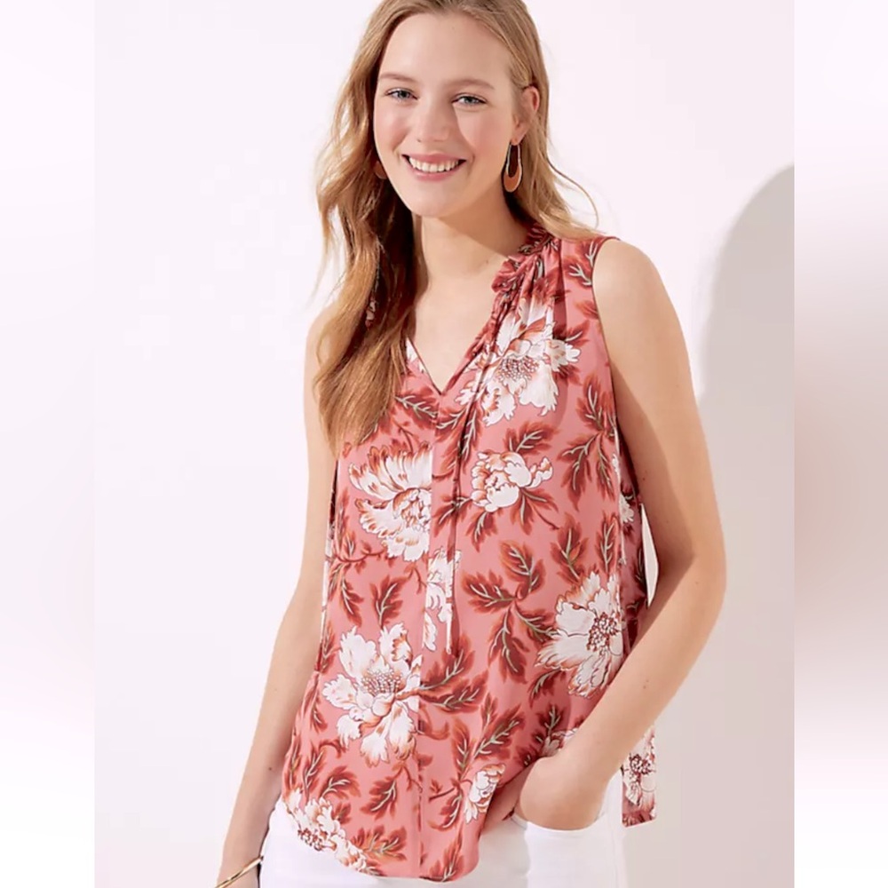 LOFT Ruffle Tie Neck Pink White Floral Mixed Media Sleeveless Top Size L
